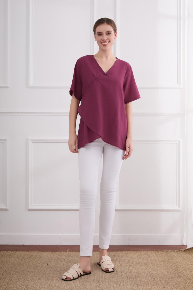 Minibee Women's Linen Retro Chinese Frog Button Tops Blouse Wine Red XL - Image 5